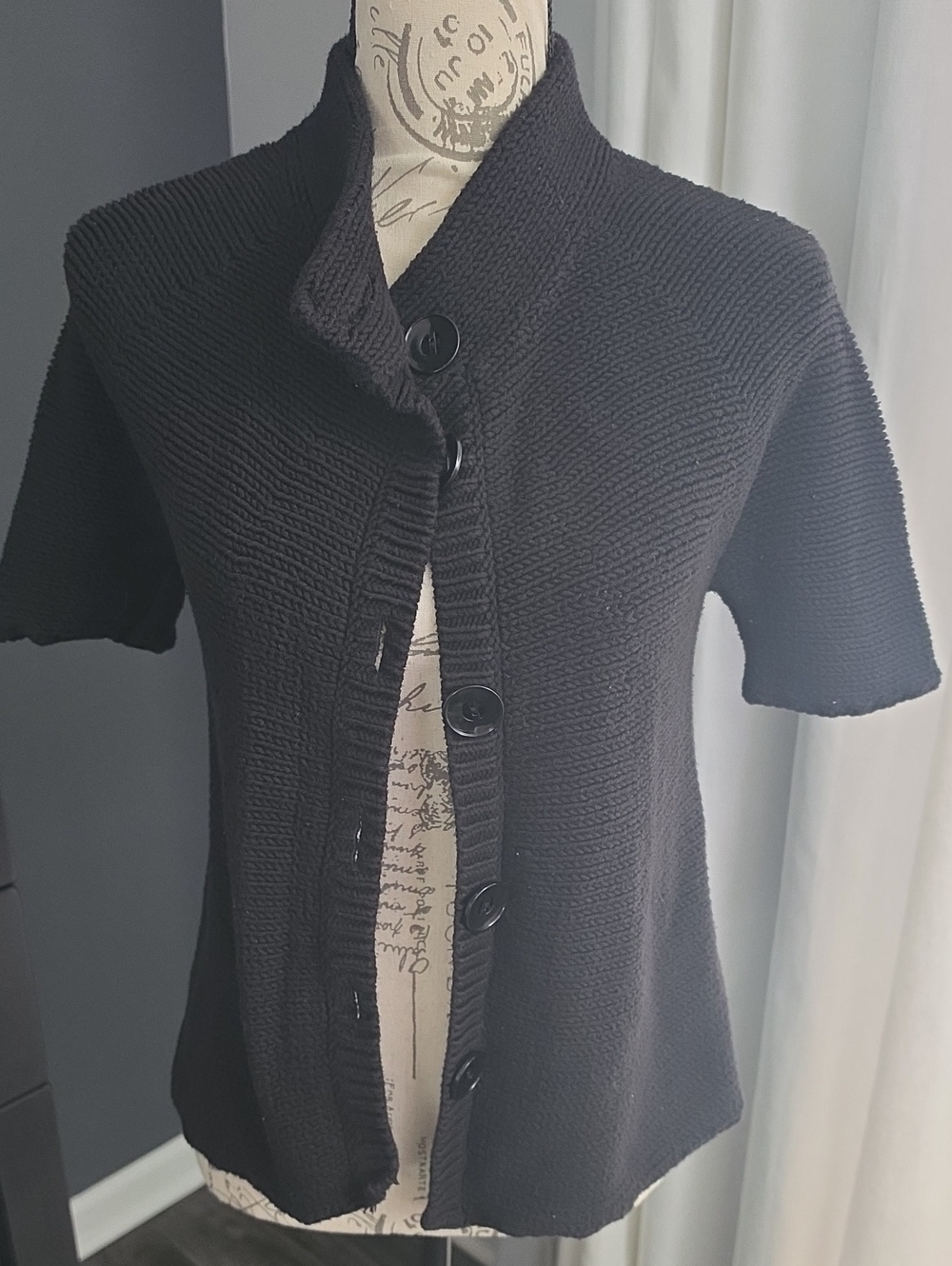 LOFT Black Short-Sleeve Button-Up Knit Cardigan
